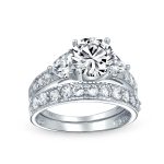 3CT CZ Solitaire with Heart Accents Cubic Zirconia Engagement Ring Set Band .925 Sterling Silver