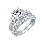 3CT CZ Solitaire with Heart Accents Cubic Zirconia Engagement Ring Set Band .925 Sterling Silver - Image 2