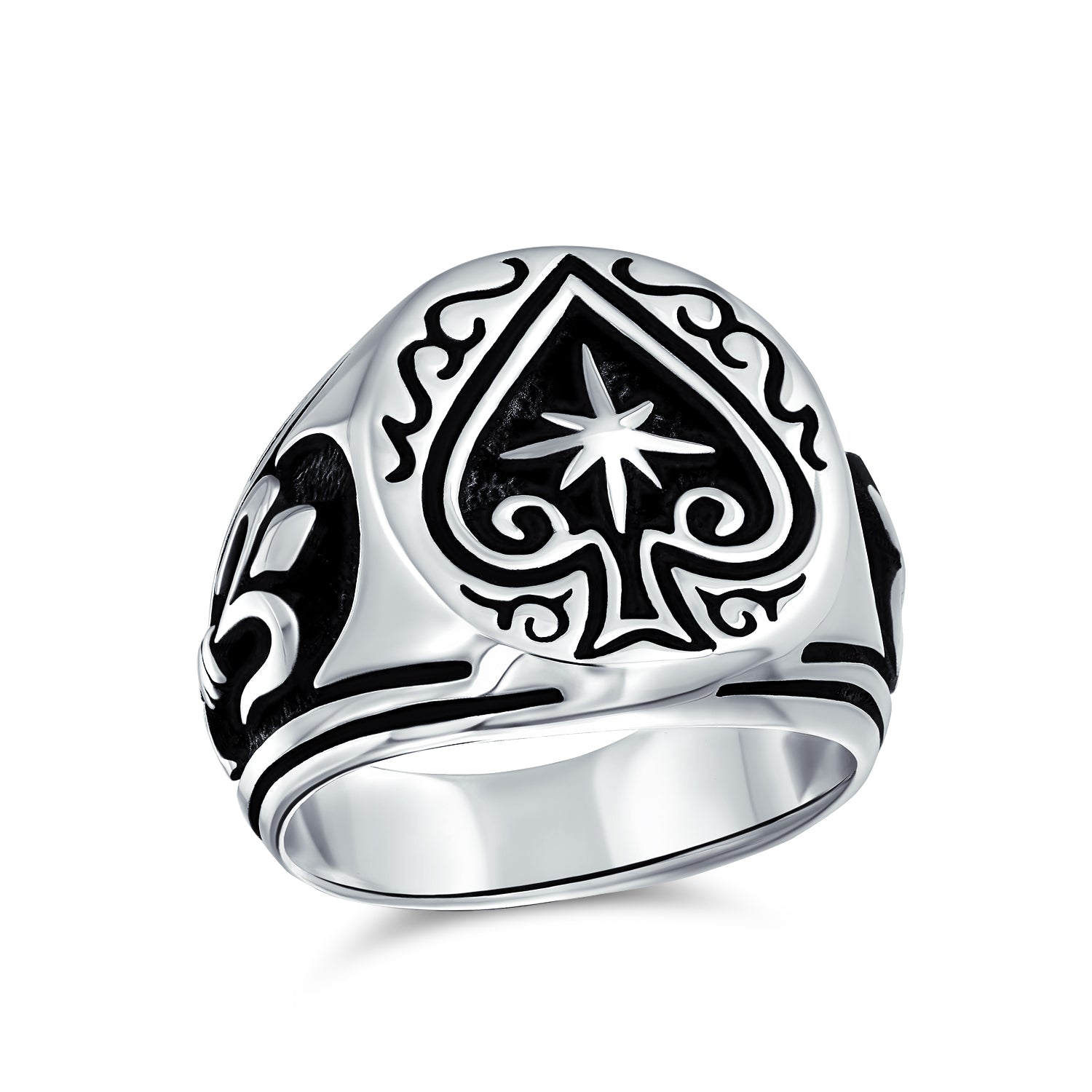 ring-gambler-lucky-spade-vegas_pts-zky1192_1 Antiqued Style Etched Black Ace of Spades Lucky Star Ring - Image 1