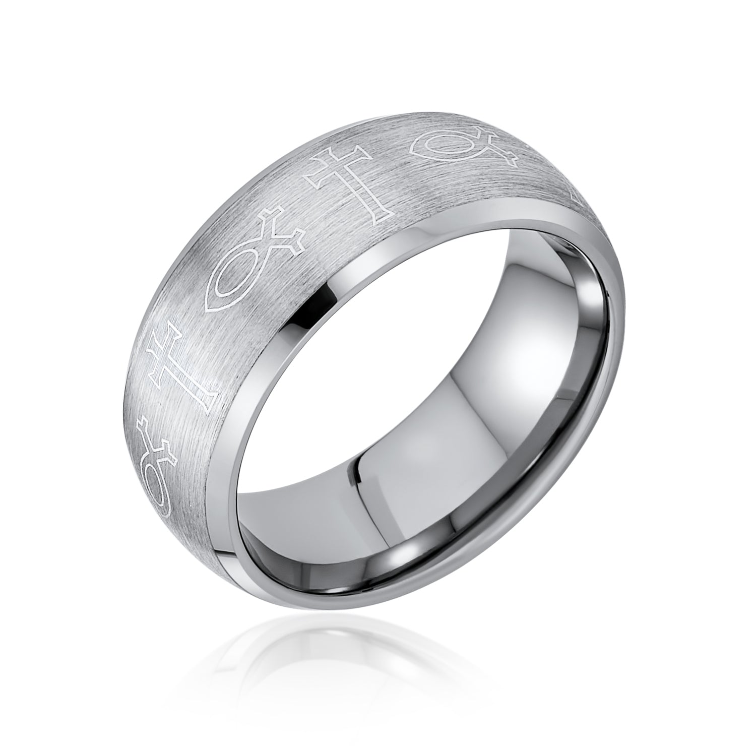 ring-ichthys-cross-symbol-tungsten_fj-tur-350_20_2 Religious Ichthys Jesus Fish Titanium Wedding Band Cross Ring Matte Silver - Image 1