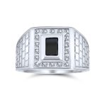 Sapphire Blue Emerald Cut CZ Statement Ring for Men – Brick Pattern Silver Band