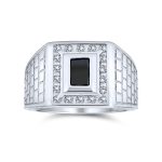 Sapphire Blue Emerald Cut CZ Statement Ring for Men – Brick Pattern Silver Band