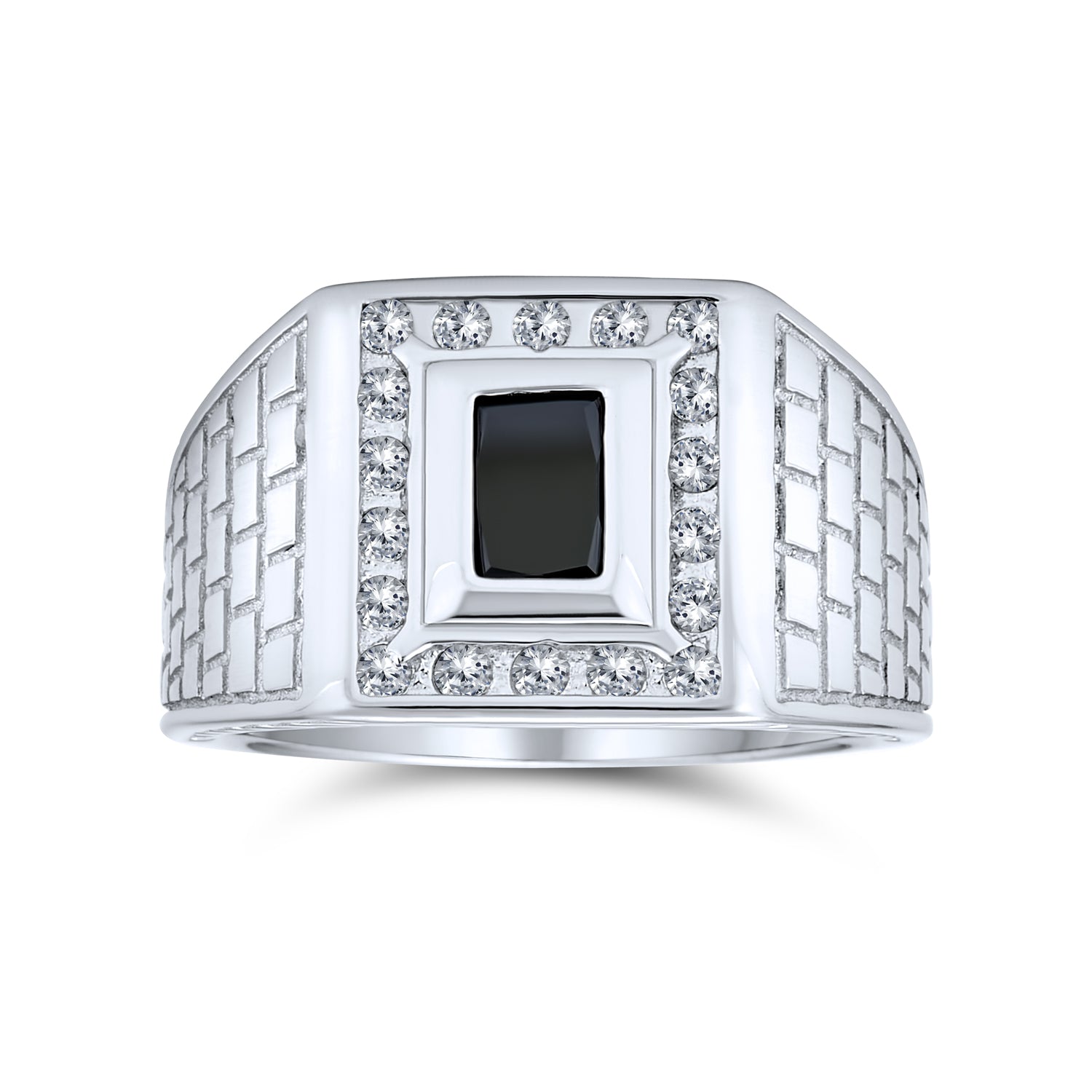 ring-mens-brick-cz-black-silver_jrh-65205928x_1 Sapphire Blue Emerald Cut CZ Statement Ring for Men – Brick Pattern Silver Band - Image 1
