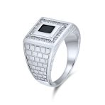 Sapphire Blue Emerald Cut CZ Statement Ring for Men – Brick Pattern Silver Band - Image 3