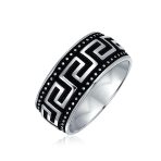 Two-Tone Black & Silver Greek Key Design Wedding Band Ring Sterling Silver 9MM