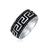 Two-Tone Black & Silver Greek Key Design Wedding Band Ring Sterling Silver 9MM