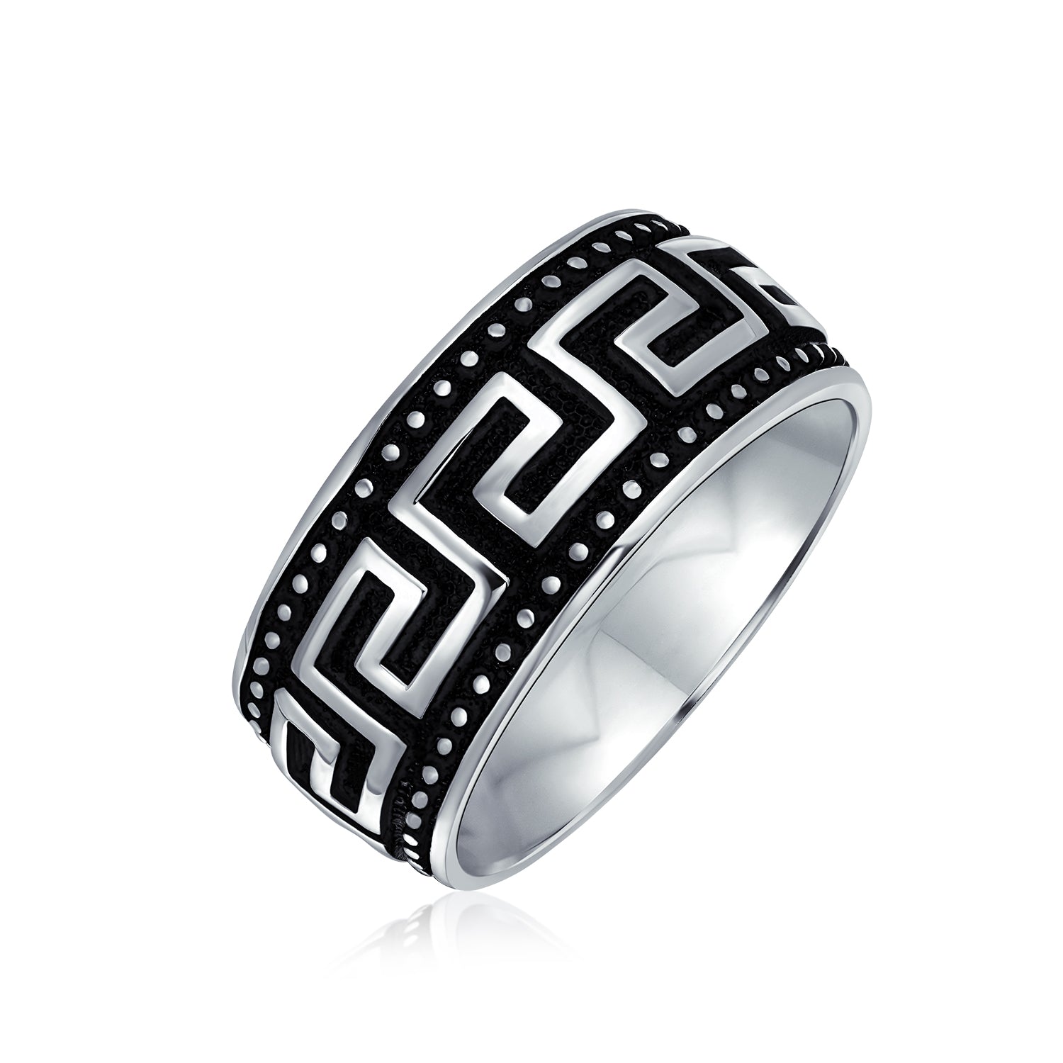 ring-mens-greek-black-silver_pts-alo-028_1 Two-Tone Black & Silver Greek Key Design Wedding Band Ring Sterling Silver 9MM - Image 1