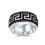 Two-Tone Black & Silver Greek Key Design Wedding Band Ring Sterling Silver 9MM - Image 2