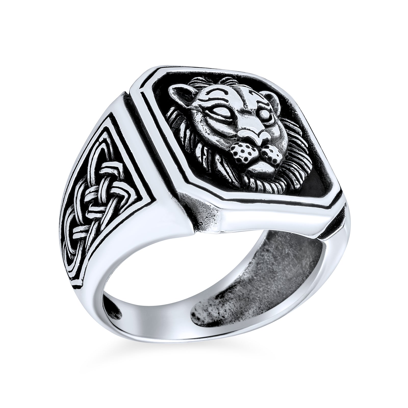 ring-mens-king-lion-silver-celtic_pts-mhy096_1 Mens Silver Ring Vintage Lion Signet Celtic Knot Oxidized .925 Sterling Silver - Image 1