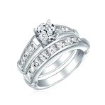 Traditional 2CT CZ Solitaire & Channel-Set Band Engagement Ring Set .925 Sterling Silver - Image 2