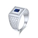 Sapphire Blue Emerald Cut CZ Statement Ring for Men – Brick Pattern Silver Band - Image 4