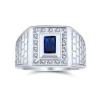 Sapphire Blue Emerald Cut CZ Statement Ring for Men – Brick Pattern Silver Band - Image 2
