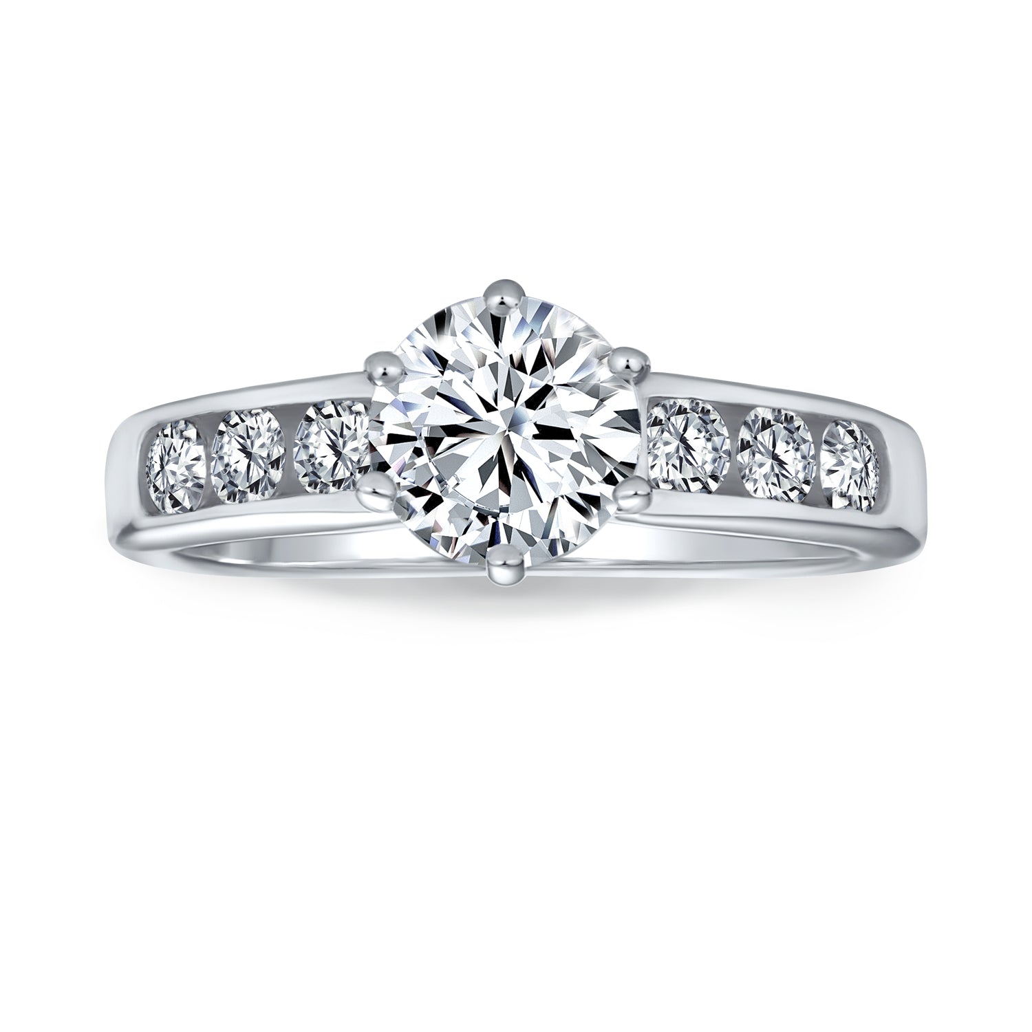 ring-silver-cz-wedding-engagement-solitaire-pave_y136r-rs-cl_2 Classic 4CT CZ Round 6-Prong Solitaire Engagement Ring .925 Sterling Silver Cubic Zirconia Pave Band - Image 1