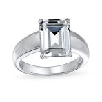 Classic 3CT CZ Solitaire Rectangle Emerald Cut Engagement Ring .925 Sterling Silver Wide Band - Image 3