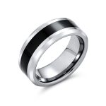 Simple Two Tone Black Center Titanium Band Ring Silver Tone Beveled Edge 8MM