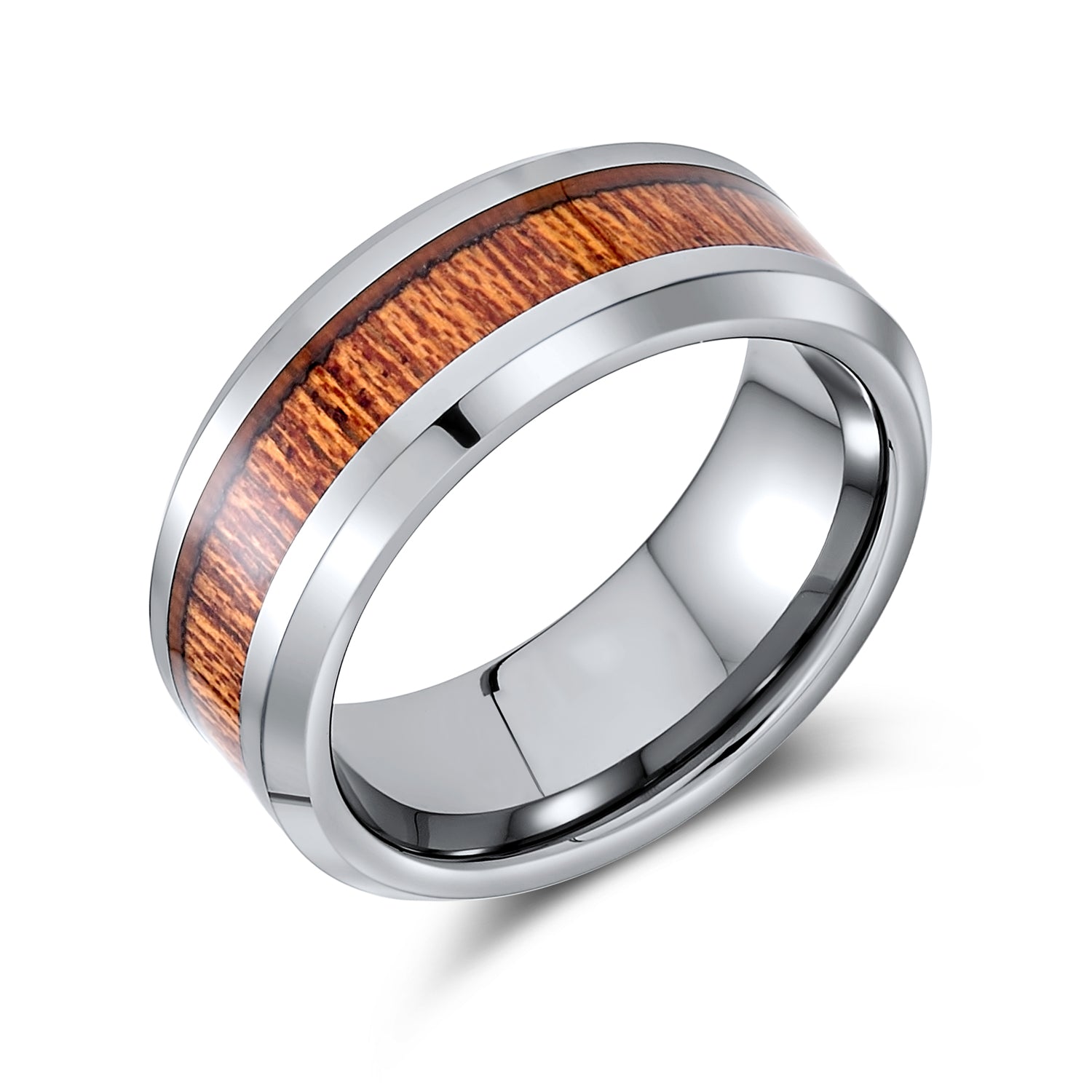 ring-tungsten-wood-silver-engagement_fj-wry-tur03_2 Titanium Wedding Band Ring with Koa Wood Inlay and Silver Tone Comfort Fit - Image 1