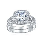 2CT Cushion Cut CZ Engagement Ring in .925 Sterling Silver with Three-Sided Double Pave Band