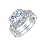 2CT Cushion Cut CZ Engagement Ring in .925 Sterling Silver with Three-Sided Double Pave Band - Image 2
