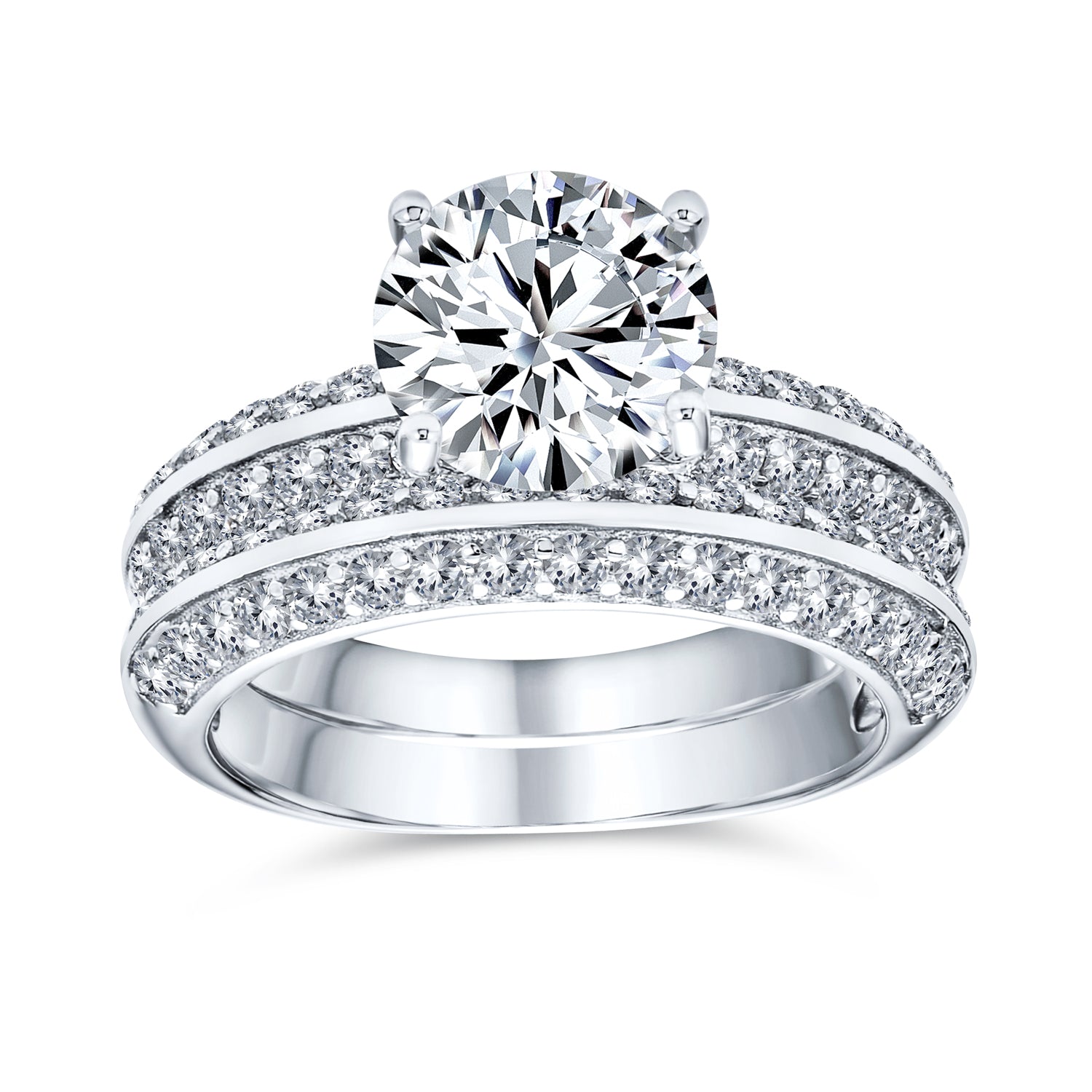 ring-wedding-silver-cz-pave_pk-8678565_1 Art Deco Style 3CT Cubic Zirconia Princess Cut Solitaire Eternity Band Engagement Ring Set Sterling Silver - Image 1