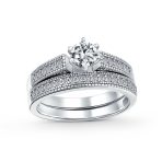 1.5CT Round Cubic Zirconia Solitaire 6 Prong Milgrain CZ Pave Engagement Band Ring Set Sterling Silver