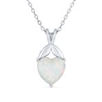 Opulence White Created Opal Solitaire Heart Pendant Necklace .925 Sterling Silver