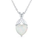 Opulence White Created Opal Solitaire Heart Pendant Necklace .925 Sterling Silver