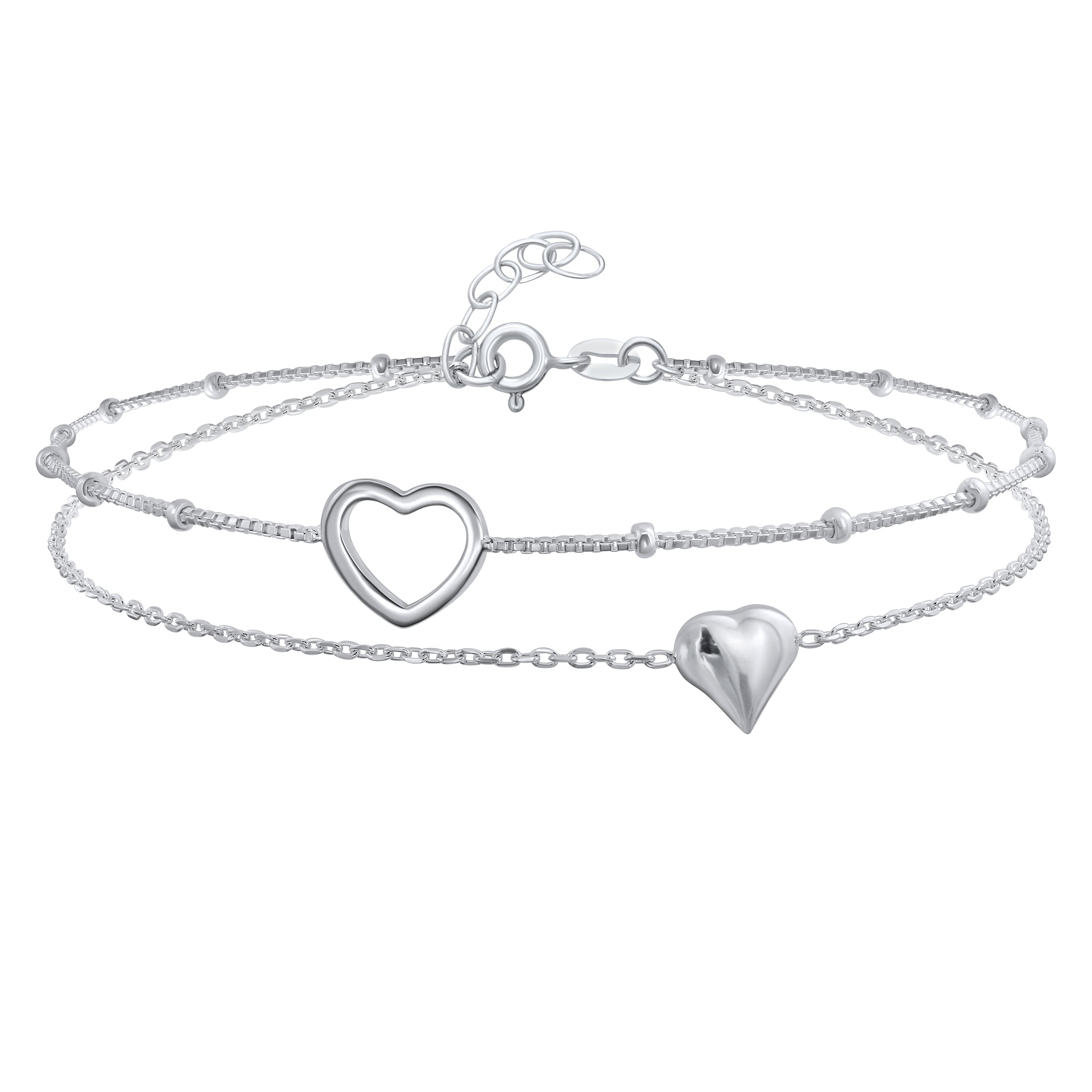 romantic-double-chain-ball-hearts-anklet-srn-s122853a_012 Forever Love Double Strand Two Love Hearts Anklet Ankle Bracelet .925 Sterling Silver Adjustable - Image 1