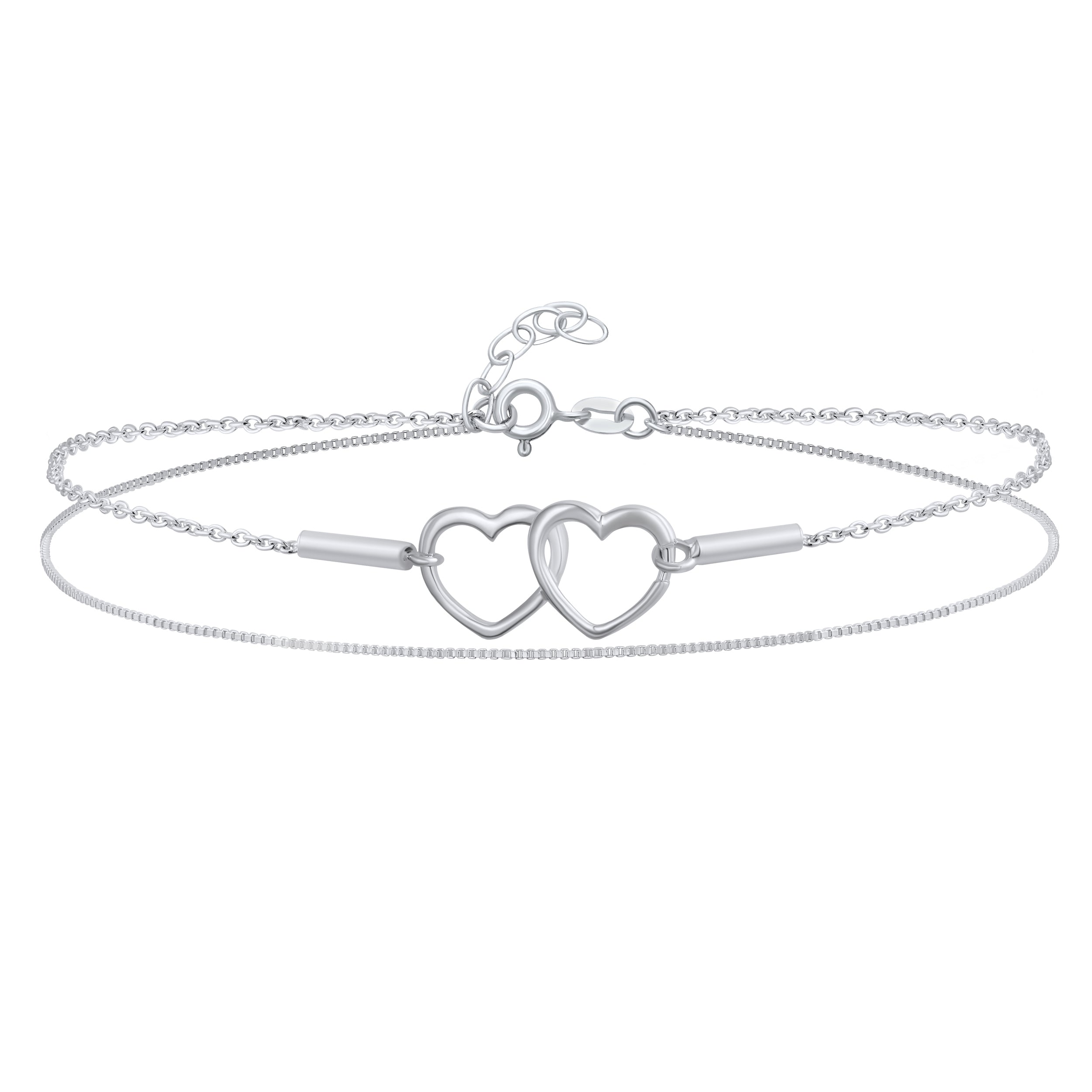 romantic-interlocking-hearts-double-chain-srn-s122813a_0111 Interlocking Open Hearts Double Strand Chain Anklet Ankle Bracelet Sterling Silver Adjustable 9 To 10 Inch - Image 1