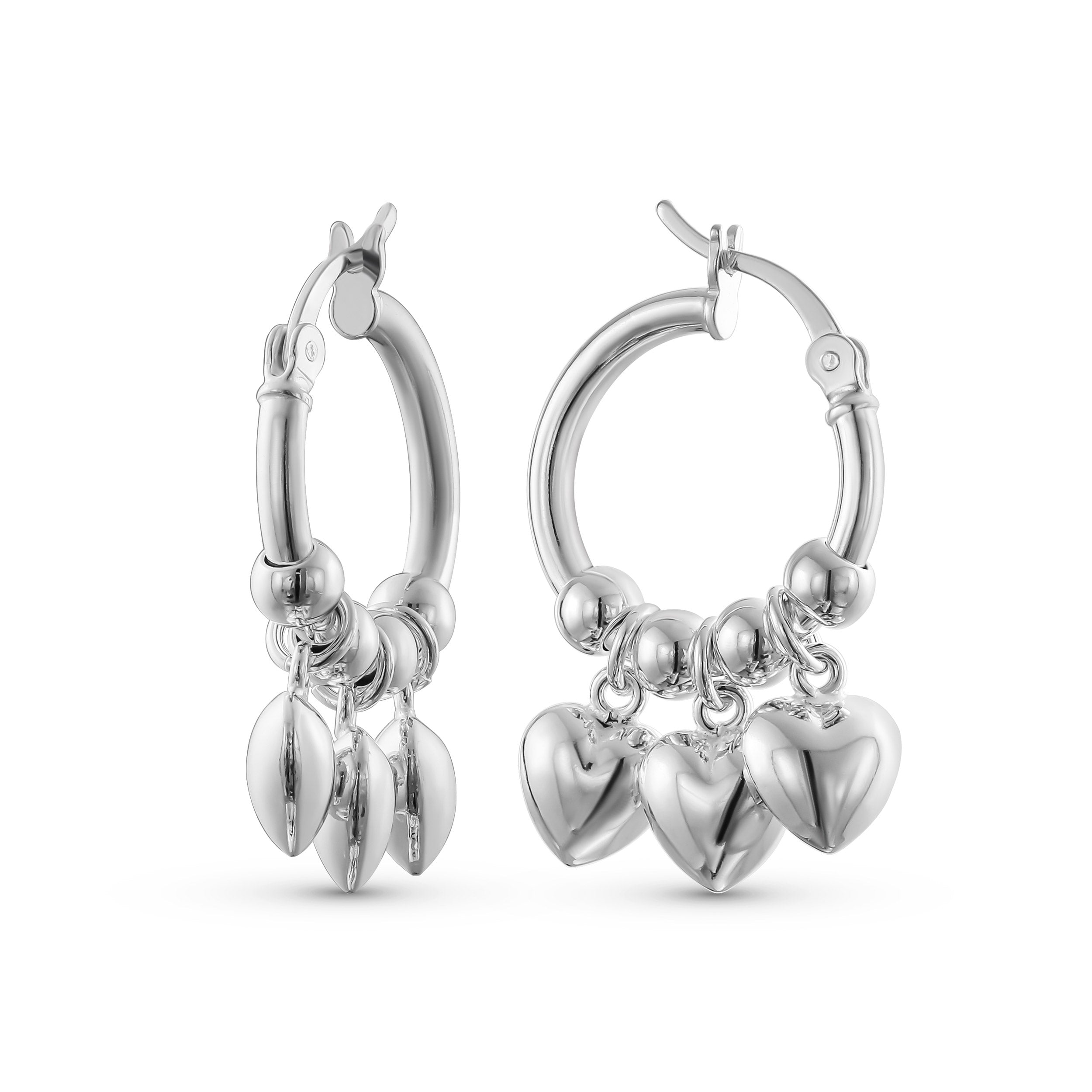 romantic-love-heart-multi-charm-earrings-silver-ext-e15-1053 Romantic Love Dangle Earrings with Multi Charms Heart Shaped Huggie Hoops Silver - Image 1