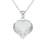 Romantic Love Gemstone White Opal Heart Angel Wing Pendant Necklace Silver