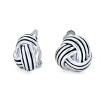 Rope Cable Twist Love Knot Button Clip On Earrings Black Silver Plated Non-Pierced Ears