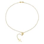 Guardian Angel Medallion Cross Simulated Pearl Rosary Beads Necklace Gold Plated - Image 4