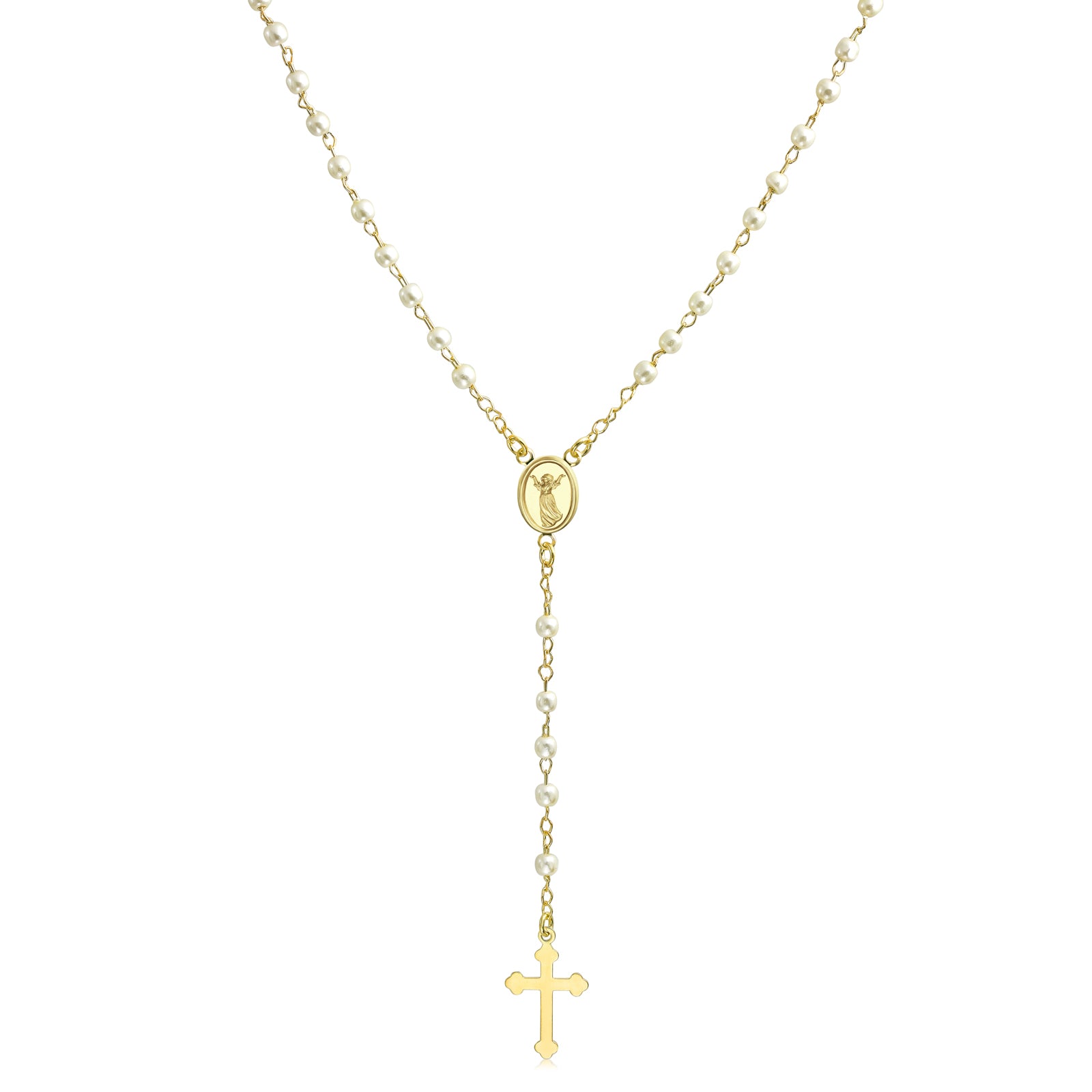 rosary-gold-pearl-cross-necklace_sgs-ro1013-az_211 Guardian Angel Medallion Cross Simulated Pearl Rosary Beads Necklace Gold Plated - Image 1