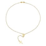 Guardian Angel Medallion Cross Simulated Pearl Rosary Beads Necklace Gold Plated - Image 3