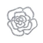 Large Fashion Statement Rose Flower Brooch Pin with Sparkling Crystals Silver Tone