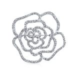 Large Fashion Statement Rose Flower Brooch Pin with Sparkling Crystals Silver Tone