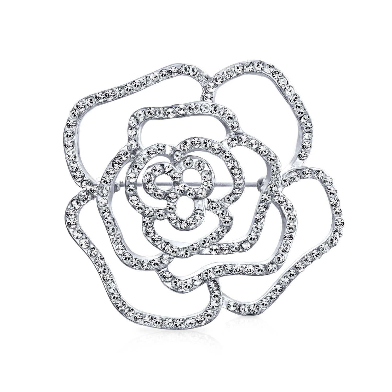 rose-flower-silver-brooch-pin_dt-rosepin-az_1 Large Fashion Statement Rose Flower Brooch Pin with Sparkling Crystals Silver Tone - Image 1