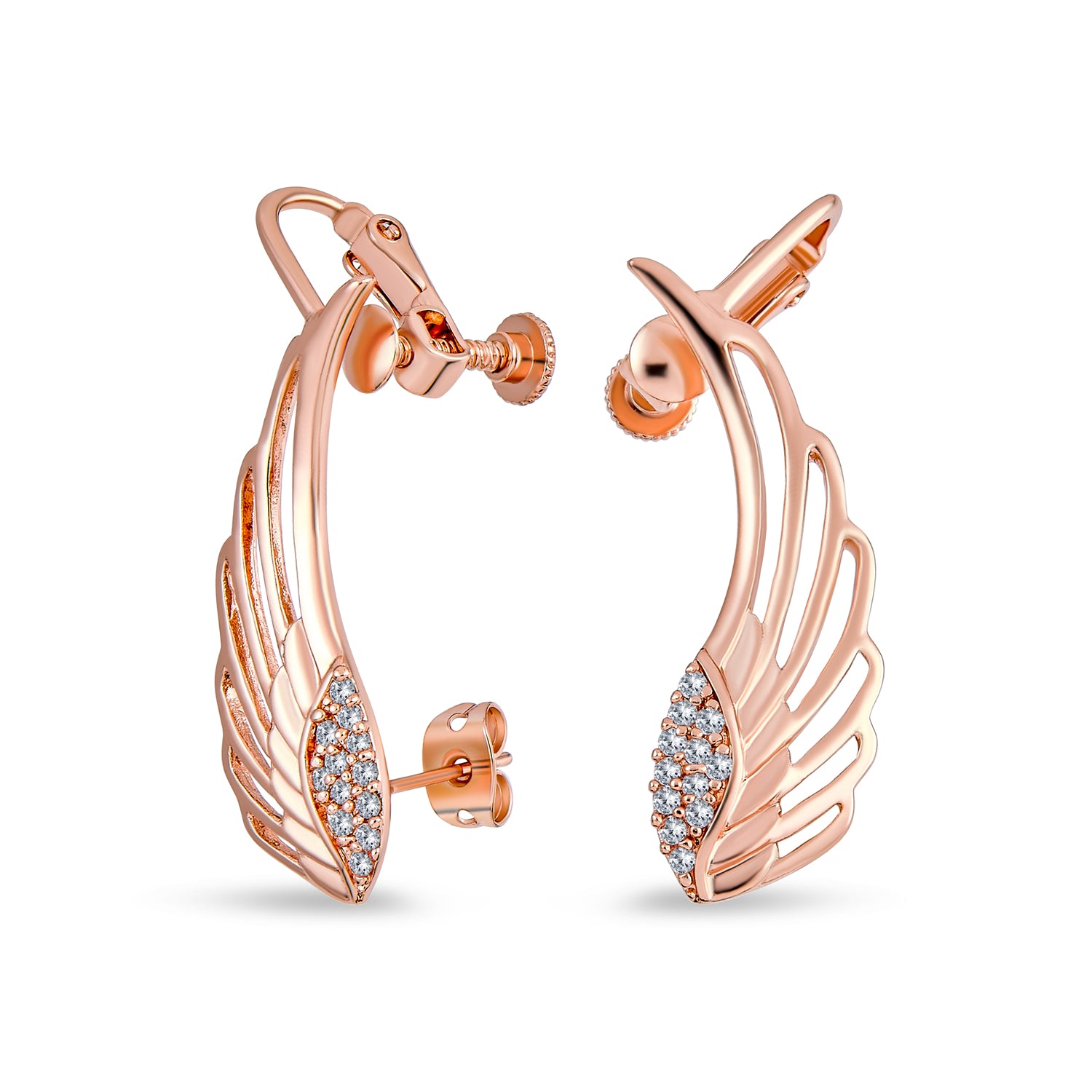 rose-gold-earring-dangle-wing-cz_hsh-hse09290-rg_1 Trendy Angel Wing Feather Ear Cuff Cartilage Earrings Rose Gold Silver Plated - Image 1