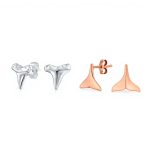 Set of 2 Mermaid Fin & Shark Tooth Stud Earrings Rose Gold Sterling Silver