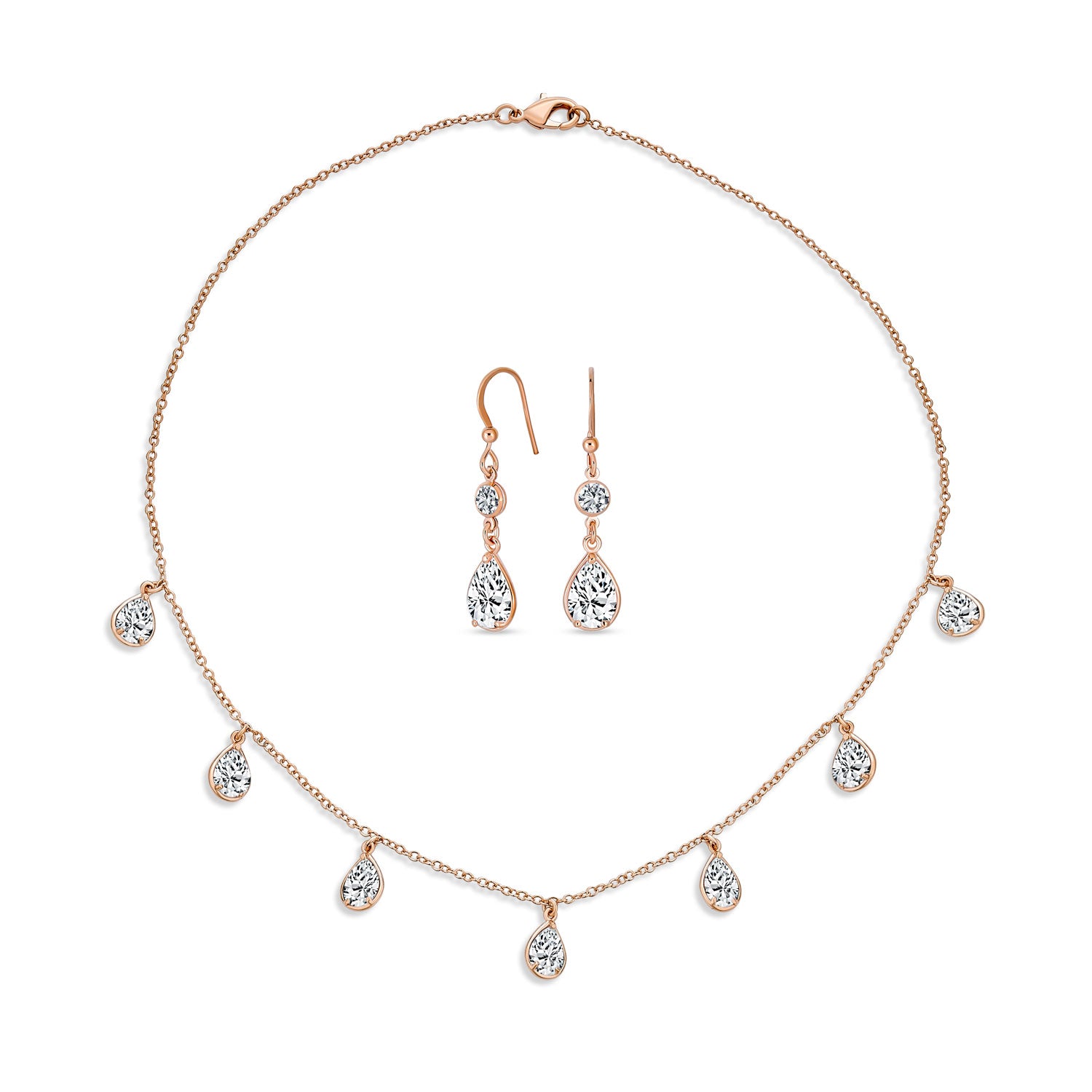 rose-gold-necklace-earring-set-cz-oa-21om001rg-set_1 Bridal Chain Necklace Pear Shaped CZ Earrings Set Rose Gold - Image 1