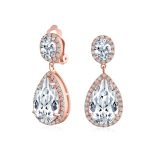 Large Teardrop Pave CZ Halo Statement Dangle Clip On Earrings Gold Plated - Image 2