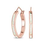 Created White Blue Opal Inlay Hoop Huggie Earrings Rose Sterling Silver - Image 2