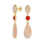 Unique Rose Quartz Dangle Gemstone Earrings in Gold with Multi-Tier Design