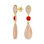 Unique Rose Quartz Dangle Gemstone Earrings in Gold with Multi-Tier Design