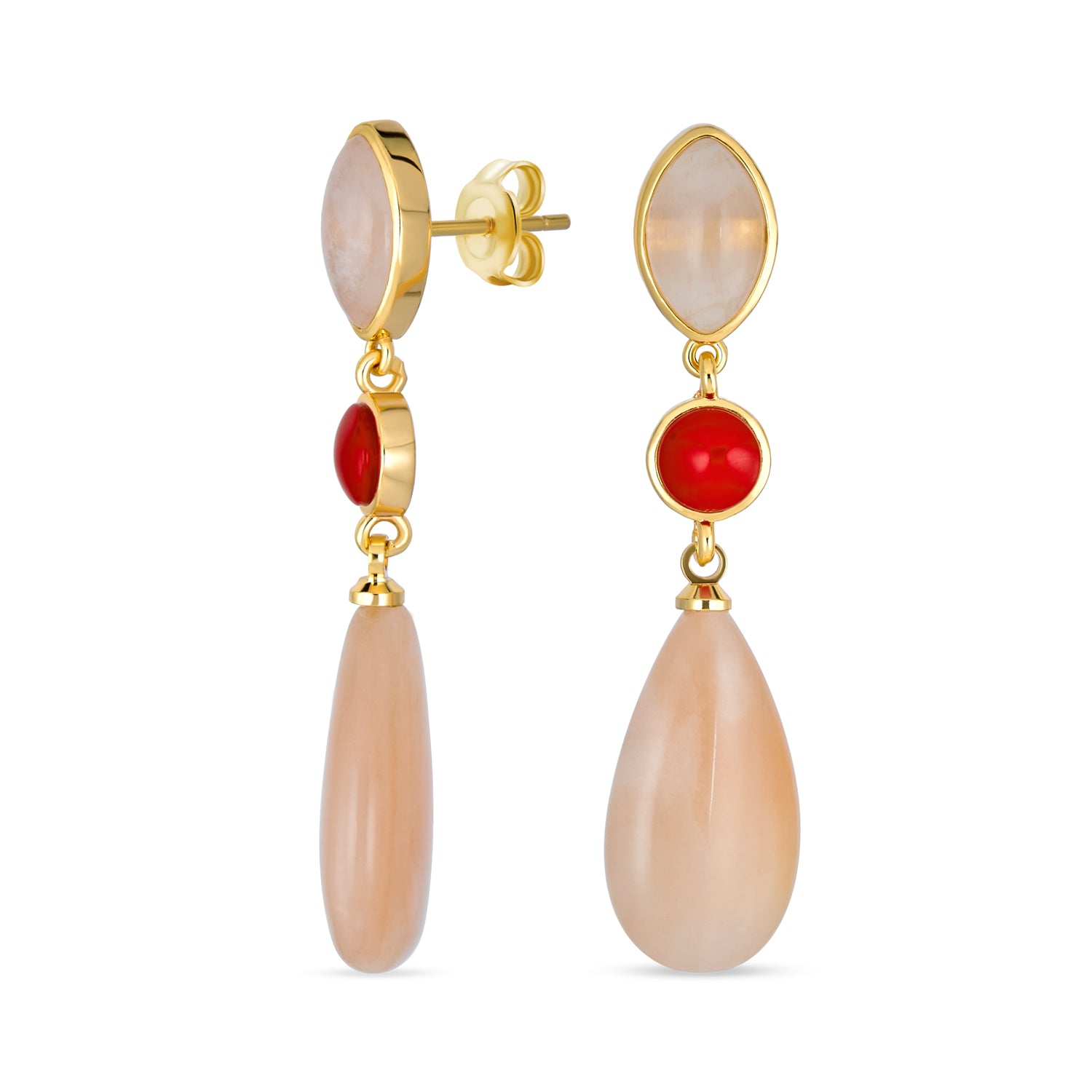 rose-teardrop-gemstone-dangling-gold-earrings-cb-82135 Unique Rose Quartz Dangle Gemstone Earrings in Gold with Multi-Tier Design - Image 1