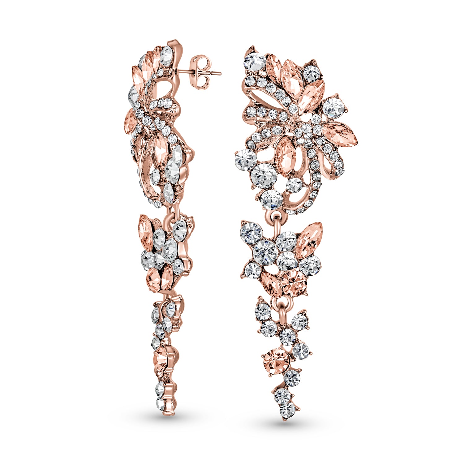 rosegold-dangle-statement-earrings-cz-prom-elj-eje257_1 Bridal Wedding Dangle Earrings Crystal Flower Bow Chandelier Pink or Silver - Image 1