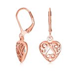 Open Filigree Heart Dangle Earrings Rose Gold Plated Sterling Silver Leverback - Image 2