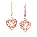Open Filigree Heart Dangle Earrings Rose Gold Plated Sterling Silver Leverback - Image 4