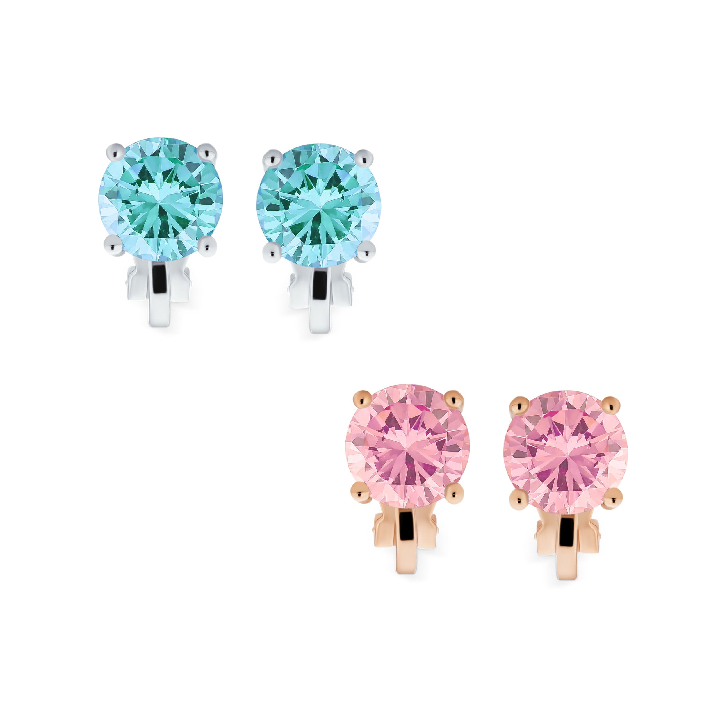 round-clip-earring-solitaire-8mm-silver-gold-my-bme-81194_my-bme81194aqpk-set_1 Set of 2 Multi Color CZ Clip-On Earrings Rose Gold Silver Plated For Non-Pierced - Image 1