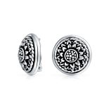 Bali Sunflower Medallion Clip-On Earrings Oxidized Silver